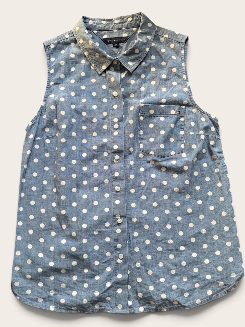 Tommy Hilfiger 100% Cotton Women’s L Chambray Polka Dot Sleeveless Shirt